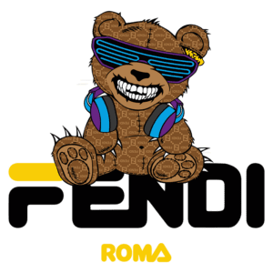 Urso estilizado da Fendi usando óculos escuros e fones de ouvido, com logo da marca "FENDI ROMA" em destaque. Design divertido e moderno, refletindo a fusão de moda e cultura pop.