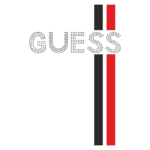 Logo da marca Guess em fundo simples, com letras estilizadas em preto e linhas verticais em vermelho e preto. Ideal para identificar produtos de moda e acessórios.