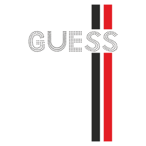 Logo da marca Guess em fundo simples, com letras estilizadas em preto e linhas verticais em vermelho e preto. Ideal para identificar produtos de moda e acessórios.