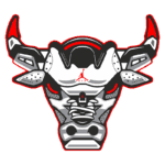 Logo estilizado de touro inspirado no design dos tênis Air Jordan, com cores em vermelho, branco e preto, destacando elementos típicos do calçado.