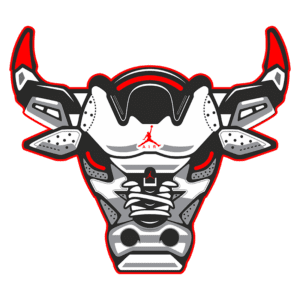 Logo estilizado de touro inspirado no design dos tênis Air Jordan, com cores em vermelho, branco e preto, destacando elementos típicos do calçado.