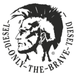 Logotipo da Diesel, apresentando um design artístico de um rosto de perfil com cabelo moicano e a frase "ONLY THE BRAVE".