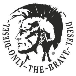 Logotipo da Diesel, apresentando um design artístico de um rosto de perfil com cabelo moicano e a frase "ONLY THE BRAVE".