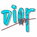 Logo da marca Dior em estilo moderno, com as palavras "Dior" em azul e "Paris" em vermelho, sobre um fundo verde.