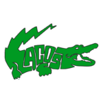 Logo da Lacoste, apresentando um crocodilo estilizado em verde com a palavra "LACOSTE" em letras grandes e ousadas. Ideal para identificação de moda e acessórios de marca.