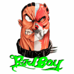 Máscara estilizada com metade de um rosto feroz humano e metade de um rosto de animal, destacando expressões intensas. Abaixo, o texto em verde "Bad Boy". Ideal para produtos de moda urbana e cultura alternativa.