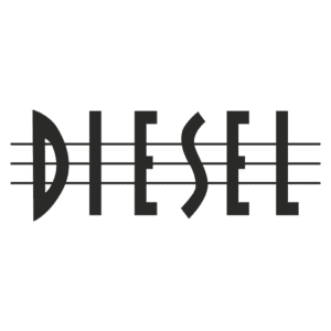 Logotipo da marca Diesel com um design estilizado em letras maiúsculas, destacando-se por linhas horizontais que conferem um aspecto moderno e dinâmico.