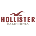 Logotipo da marca Hollister, apresentando o nome em vermelho com uma gaivota estilizada acima, acompanhado da palavra "California" em letras brancas.