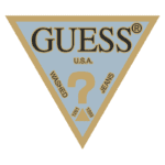 Logo da marca Guess, destacando a frase "Washed Jeans" e informações numéricas, em um design triangular e cores azul e dourado. Ideal para identificação de produtos de moda.