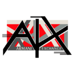 Logotipo da marca Armani Exchange, apresentando as iniciais "AX" em um design moderno sobre fundo colorido com elementos gráficos em vermelho, branco e cinza. Ideal para representar estilo e moda contemporânea.