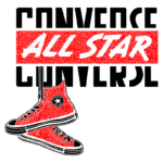 Tênis Converse All Star vermelho com logo, suspensos em fundo com texto estilizado da marca.