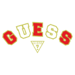 Logotipo da marca GUESS, apresentando letras estilizadas em vermelho, branco e dourado, com um triângulo central contendo a palavra "GUESS" e um ponto de interrogação. Ideal para identificação de moda e marcas de vestuário.