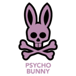 Logotipo da Psycho Bunny, apresentando um coelho roxo com um crânio e ossos cruzados, simbolizando uma estética ousada e divertida.