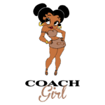 Ilustração de uma personagem feminina estilizada, vestindo roupas em tons terrosos, com brincos grandes e um vestido curto. Abaixo, o texto "COACH Girl" em fonte elegante. Ideal para representar a moda jovem e tendências de estilo.