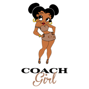 Ilustração de uma personagem feminina estilizada, vestindo roupas em tons terrosos, com brincos grandes e um vestido curto. Abaixo, o texto "COACH Girl" em fonte elegante. Ideal para representar a moda jovem e tendências de estilo.