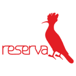 Logotipo da marca Reserva, apresentando um pássaro estilizado em vermelho ao lado do nome "reserva", também em vermelho, representando um olhar moderno e criativo na identidade visual da empresa.
