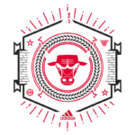 Logotipo do Chicago Bulls com o tema "Survival of the Quickest", destacando a cabeça de um touro em vermelho e elementos gráficos da NBA e Adidas, representando a força e agilidade da equipe de basquete.