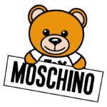 Urso estilizado segurando uma placa com a marca Moschino, fundo verde. Ideal para moda contemporânea e design gráfico.