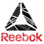 Logotipo da Reebok, apresentando um triângulo estilizado em preto e o nome "Reebok" em vermelho, simbolizando a marca de fitness e estilo de vida.