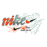 Logotipo estilizado da Nike com as palavras "Just do it" em um design vibrante, destacando a marca e seu apelo para a prática esportiva.