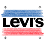 Logotipo da marca Levi's com fundo azul e vermelho, representando sua identidade estilizada e moderna.