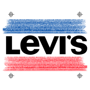 Logotipo da marca Levi's com fundo azul e vermelho, representando sua identidade estilizada e moderna.