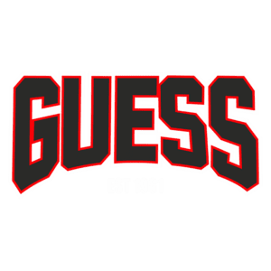Logotipo da marca Guess, com letras grandes em preto e contorno vermelho, acompanhado da frase "EST 1981" abaixo, representando a fundação da marca.