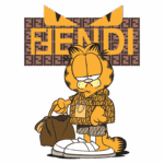 Garfield estilizado com roupas da marca Fendi, segurando uma bolsa, em fundo colorido com a palavra "FIENDI" e padrões da marca.