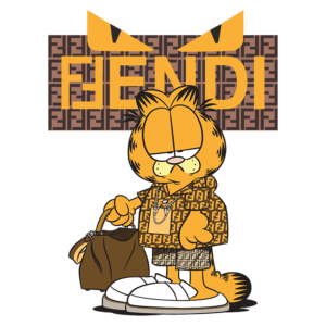 Garfield estilizado com roupas da marca Fendi, segurando uma bolsa, em fundo colorido com a palavra "FIENDI" e padrões da marca.