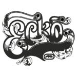 Logo estilizado da marca Ecko, apresentando um design ornamentado em preto, com letras interligadas e elementos gráficos que destacam sua identidade única.