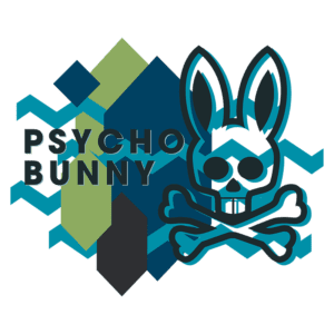 Logo da marca Psycho Bunny, apresentando um coelho esquelético com ossos cruzados, sobre um fundo geométrico em tons de azul e verde.