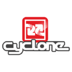 Logotipo da Cyclone International Brand Co., apresentando um design moderno com o nome "cyclone" em preto e um ícone vermelho acima, simbolizando inovação e qualidade em produtos internacionais.