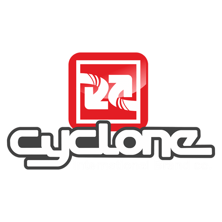 Logotipo da Cyclone International Brand Co., apresentando um design moderno com o nome "cyclone" em preto e um ícone vermelho acima, simbolizando inovação e qualidade em produtos internacionais.