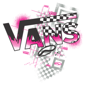 Logotipo da Vans em estilo gráfico ousado, com cores vibrantes como rosa e preto, apresentando elementos de padrões quadriculados e efeitos de spray. Ideal para representar a marca no contexto de moda urbana e cultura skate.