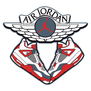 Logo da Air Jordan com asas, apresentando os tênis Air Jordan 4 em destaque e a frase "The Air Flight Official Brand Clothing" embaixo. Ideal para fãs de moda e calçados esportivos.