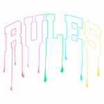 Texto alternativo: Texto estilizado "RULES" com efeito de gotejamento colorido, em tons de rosa, azul, verde e amarelo, ideal para designs que abordam temas de autoridade ou diretrizes.