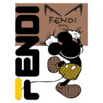 Mickey Mouse estilizado usando roupas da marca Fendi, com a logo da marca em fundo marrom e detalhes em amarelo.