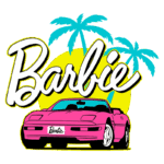 Imagem de um carro esportivo rosa com o nome "Barbie" em destaque, cercado por palmeiras e um fundo amarelo, representando a estética vibrante e divertida da marca Barbie.