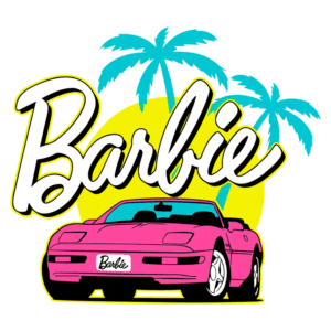 Imagem de um carro esportivo rosa com o nome "Barbie" em destaque, cercado por palmeiras e um fundo amarelo, representando a estética vibrante e divertida da marca Barbie.