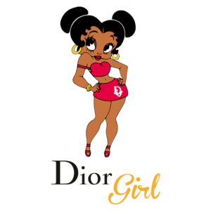 Ilustração colorida de uma garota estilizada com cabelos presos, usando um conjunto vermelho e acessórios dourados, acompanhada do texto "Dior Girl" abaixo.