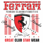 Logotipo da Ferrari Club Motomotive, destacando um escudo com o icônico cavalo empinado, acompanhada de elementos gráficos em vermelho e preto, incluindo textos como "Royalty", "Unlimited" e "Great Club Star Wear".