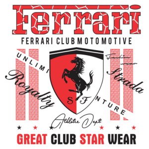 Logotipo da Ferrari Club Motomotive, destacando um escudo com o icônico cavalo empinado, acompanhada de elementos gráficos em vermelho e preto, incluindo textos como "Royalty", "Unlimited" e "Great Club Star Wear".