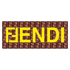 Logotipo da marca Fendi em amarelo sobre um fundo com padrão marrom de letras "F", destacando a identidade visual da marca de moda de luxo.