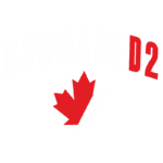 Logotipo da marca DSQUARED2 com folha de bordo, simbolizando a conexão canadense e o estilo contemporâneo da moda.