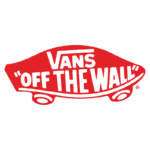 Logotipo da marca Vans com a frase "Off the Wall" em destaque, apresentando um design icônico em vermelho.