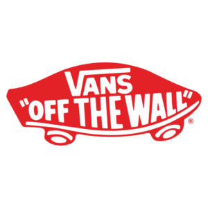 Logotipo da marca Vans com a frase "Off the Wall" em destaque, apresentando um design icônico em vermelho.