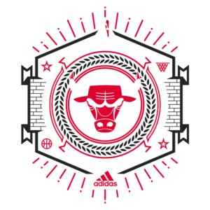 Logotipo dos Chicago Bulls da NBA, com a imagem icônica de um touro vermelho cercado por elementos gráficos, incluindo texto "Survival of the Quickest" e a marca Adidas.