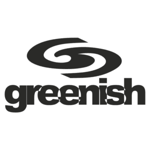 Logotipo da marca Greenish, destacando um design moderno e minimalista com uma representação gráfica fluida e o nome em letras maiúsculas.