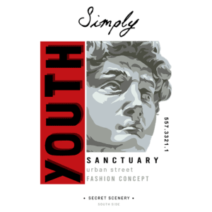 Design gráfico moderno com a palavra "YOUTH" destacada em vermelho, acompanhada de uma ilustração estilizada da estátua de Davi. O texto "SANCTUARY urban street FASHION CONCEPT" complementa o design, que reflete uma estética jovem e urbana.