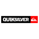 Logo da marca Quiksilver, conhecida por sua linha de roupas e acessórios para surfistas, destacando um design moderno e o famoso símbolo de onda em vermelho e branco.